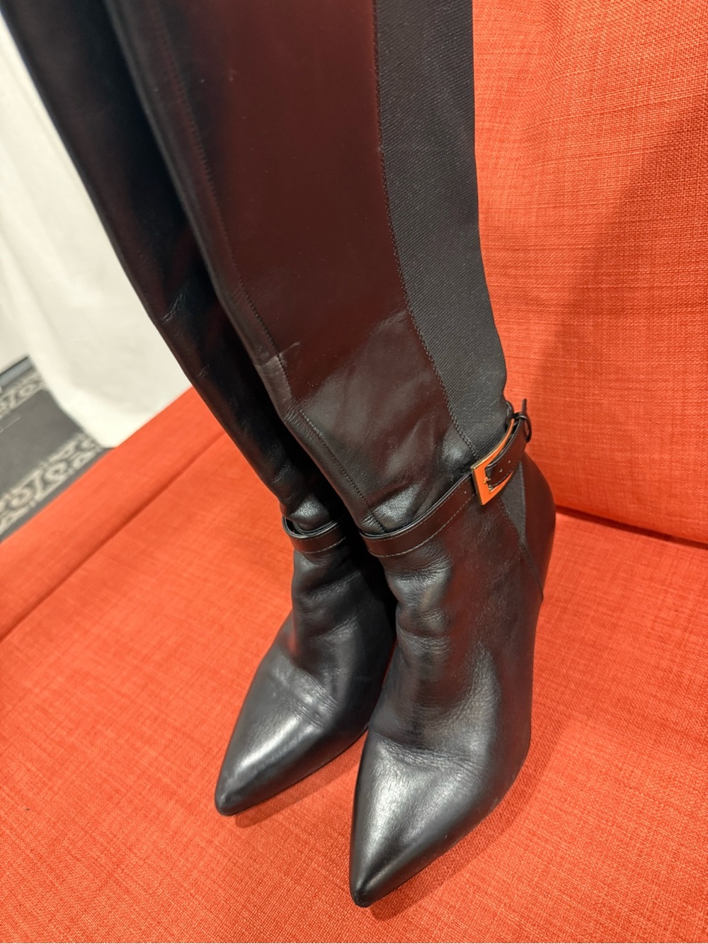 Vince Camuto Black Leather Mid-Calf Heeled Boots with Gold Buckle - Picture 4 of 5